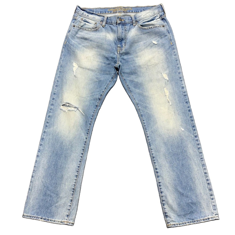 American Eagle Original Straight‎ Jeans Men's 36x32 Light Wash Distressed Denim